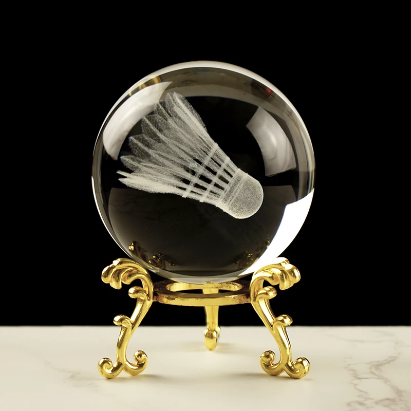 

3D Badminton Crystal Ball with Base Laser Engraving Miniatures Crystal Model Desktop Bedroom Home Decoration