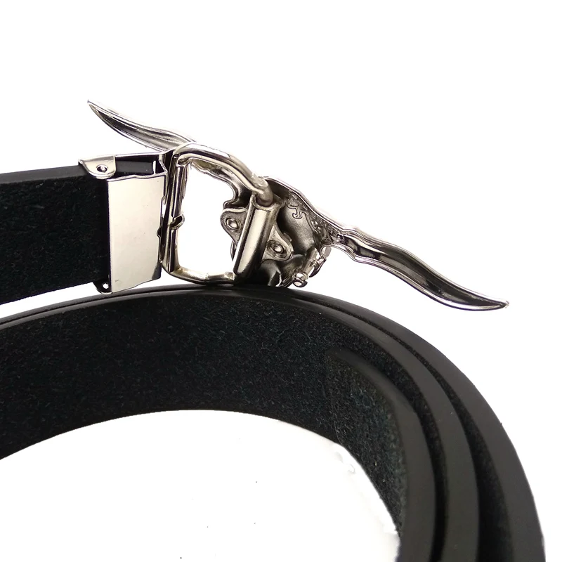 Male Accessories Cowboy Belts for Men Silver Longhorn Cow Head Skull Belt Buckle Black PU Leather Belt Men