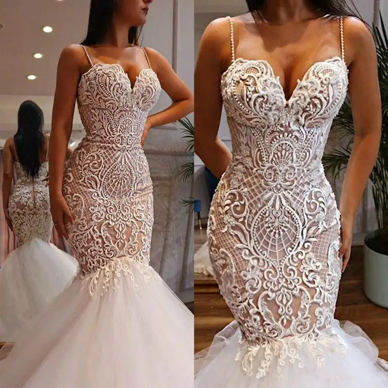 Vestido De Novia De sirena con tirantes finos y cuentas 3D, apliques De encaje, cremallera trasera De talla grande