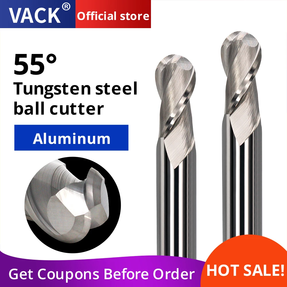 VACK HRC55 Ball Nose End Mill For Aluminum Milling Cutter Carbide 2Flutes Tungsten Steel Router Bit Cnc Cutting Tools R0.5 R1 R2