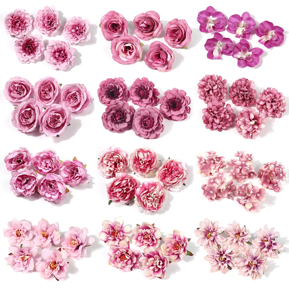 5/10Pcs Pink Rose Artificial Flowers Heads Silk Fake Flower For Birthday Party Wedding Decoration Home Decor Garland Accessories