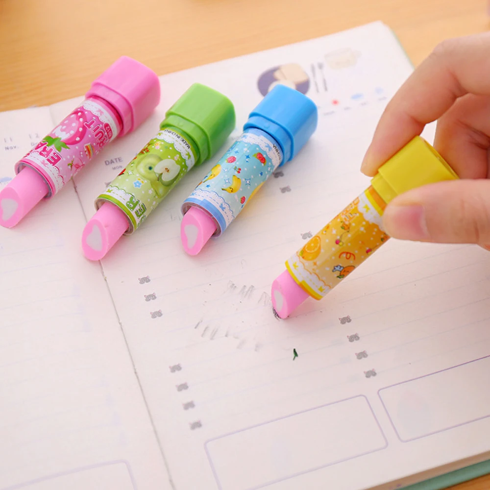 4Pcs/Lot Cute Pencil Rubber Eraser Mini Cartoon Lipstick Erasers Kids Novelty Stationery School Office Kawaii Correction Eraser