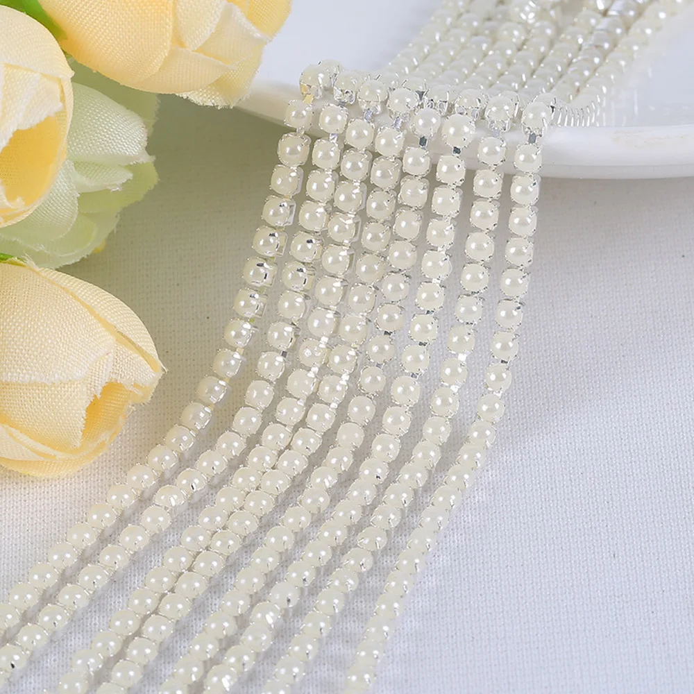 2mm 1M Colored Pearls High Density Pink Sew On Rhinestones Cup Chain Rhinestones Trim Silver Claw For Clothes Summer decoration