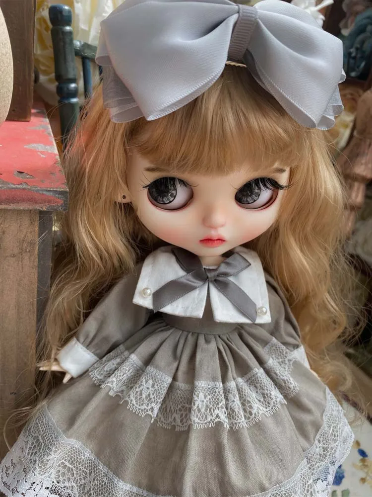 Blyth doll clothes gray color Retro Style dress + hair clips for Blyth doll small dress doll accessories doll clothes