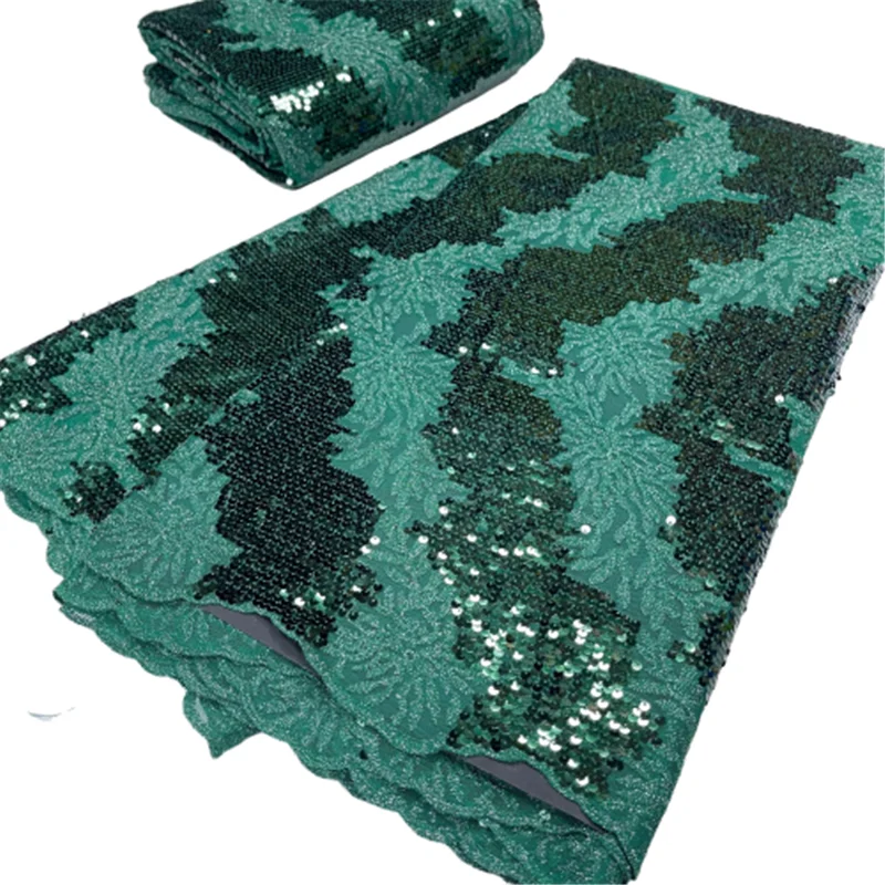 

2021Latest Green African Sequin Lace Fabric Embroidery French Mesh Lace Fabric With Sequins Nigerian Tulle Lace For Party J99-20