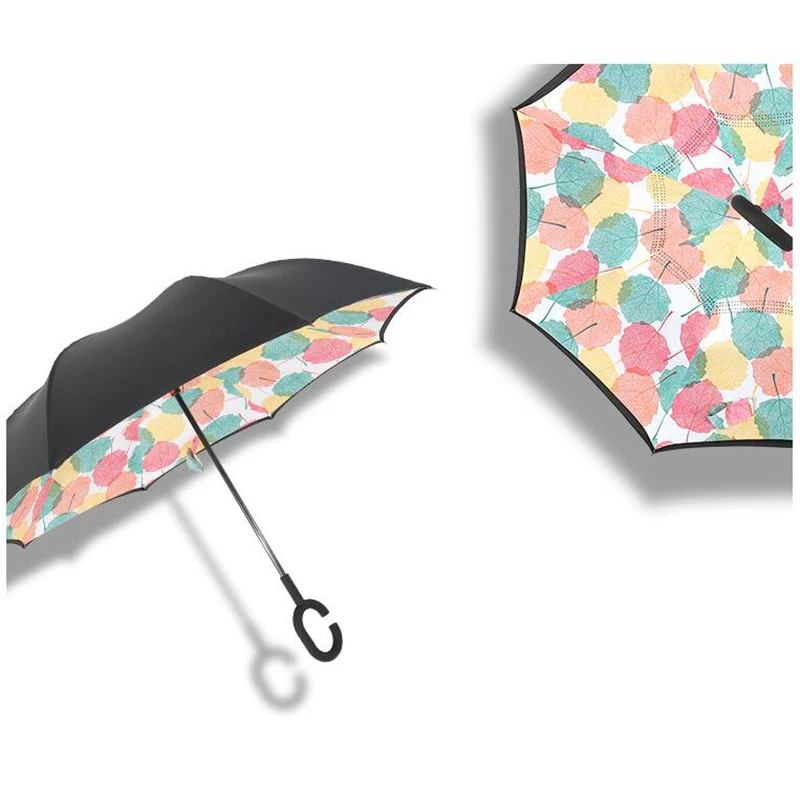 Handle Windproof Reverse Folding Umbrella Man Women Sun Rain Car Inverted Umbrellas Double Layer Anti UV Self Stand Parasol