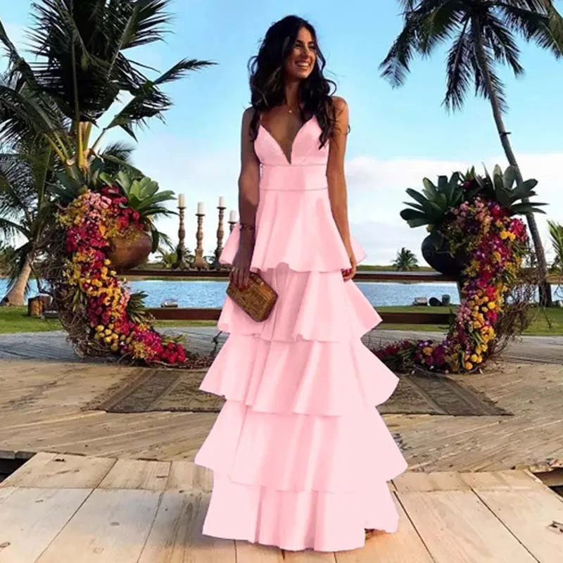 FOLOBE Sexy V-neck Halter Long Dress Sleeveless Layered Solid Ruffles Hem Party Dress Women 2022 Summer Backless Maxi Dresses