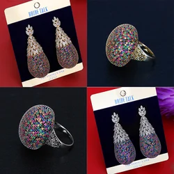 Bride Talk Fashion 2 PCS Set Earrings Ring Full Micro Pave Cubic Zirconia Colorful Rhinestone Luxury Bridal Wedding Jewelry