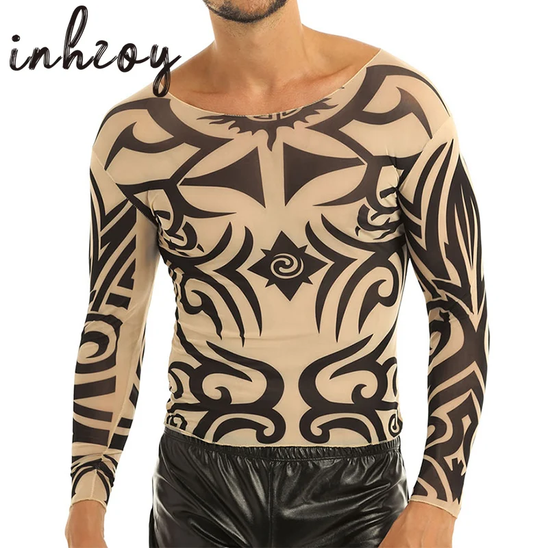 Men\'s Tattoo T-Shirts O-Neck See Through Long Sleeve Fake Tattoos Printed Design Stretchy Sexy Tops Male Fancy Party Costume