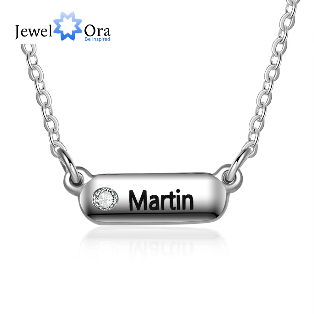 JewelOra Personalized Birthstone Stainless Steel Pendant Necklace Custom Engraving Name Kids Children Necklaces Choker Jewelry