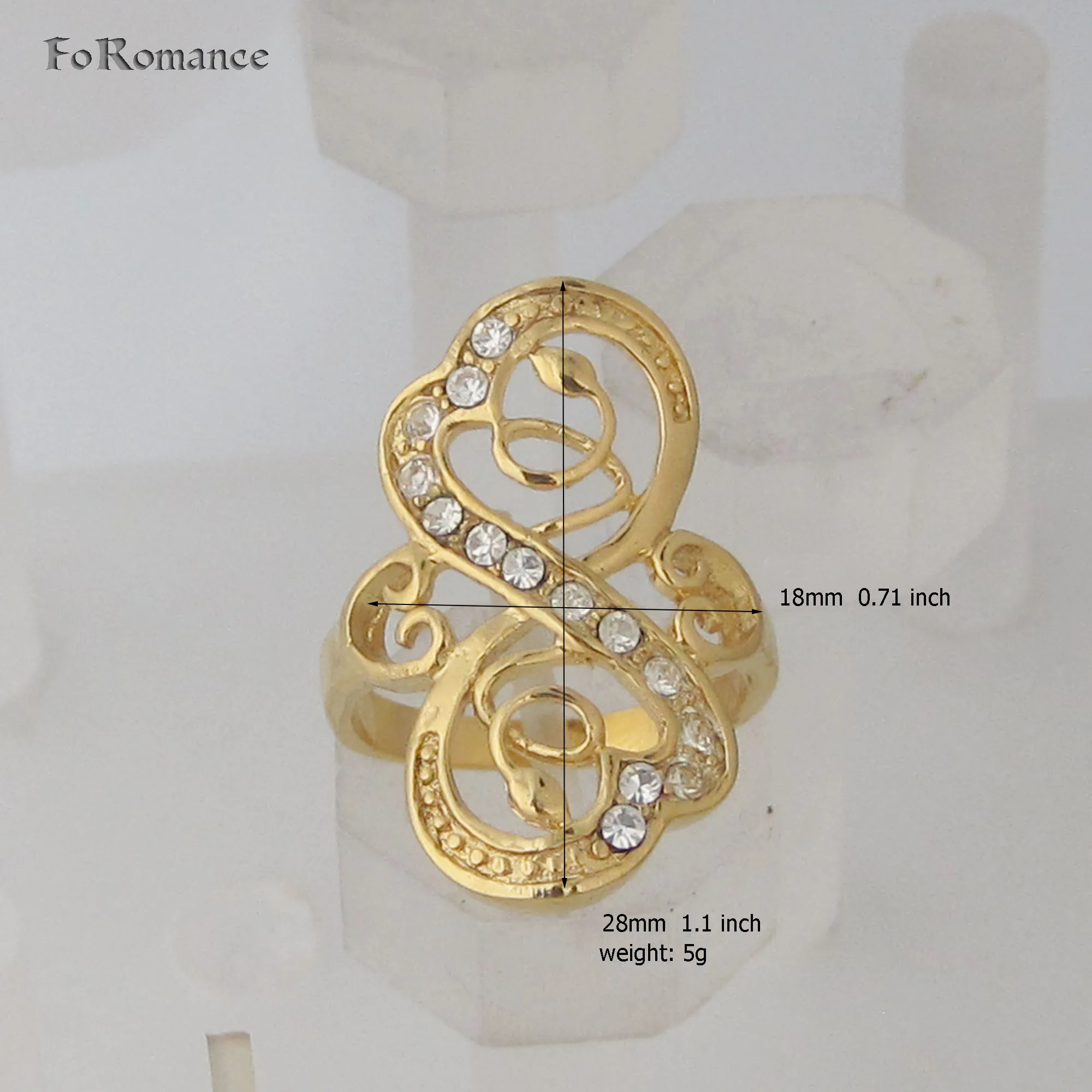 YELLOW GOLD PLATED OVERLAY FILLED WITH BRASS HEART INFINITE SYMBOL WITH FLOWER PATTERN CZ STONE RING  SIZE 7 9