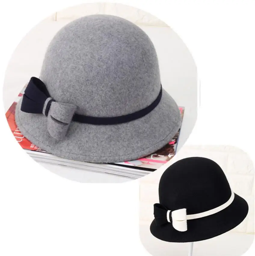 100% Wool Split Joint Bowtie Ribbon Decoration Bucket Hat Winter Hat High Quality Beautiful Comfortable 2020 Hats For Women