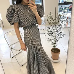 LLZACOOSH Chic Korea Summer Simple Fashion 2 Piece Set Women Puff Sleeve Short Shirt + Hight Waist Plaid Mermaid Long Skirt Suit