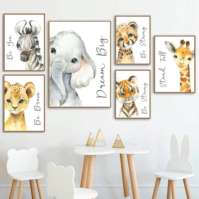 Nordic Watercolor Animals Baby Girl Nursery Wall Art Canvas Posters and Prints Wall Pictures for Kids Bedroom Boys Bedoom Decor