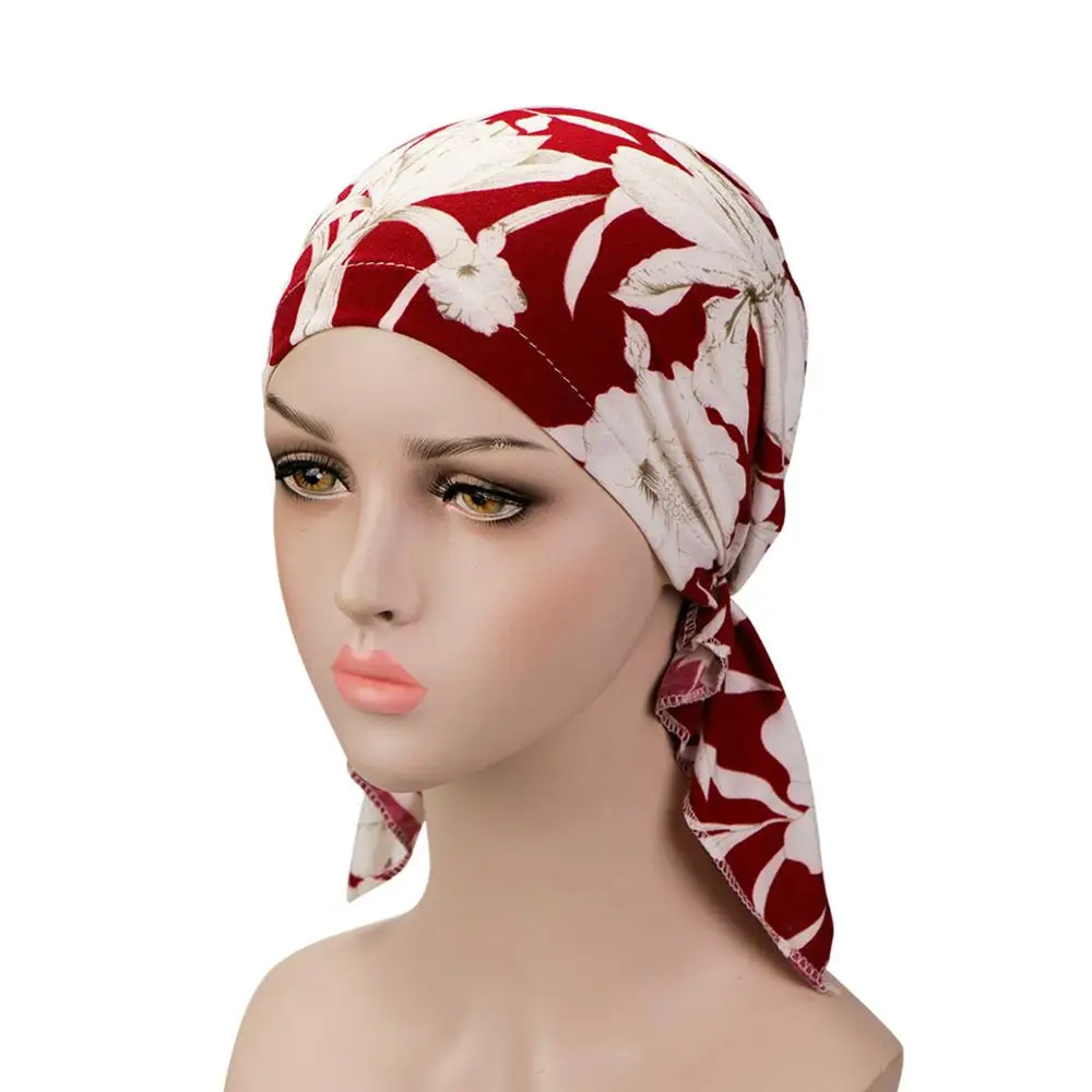 Muslim Women Floral Cotton Pre-tied Scarf Turban Hat Chemo Beanies Caps Head Wrap Headwear For Cancer Hair Loss  Accessories