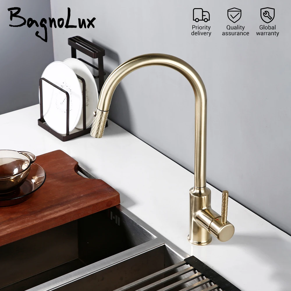 Bagnolux Brass  Pull-Out Sprayer Gold Brush  Cold Hot Water Mixer Tap Rotation Holder Single Hole Deck Mounted Kitchen Faucet