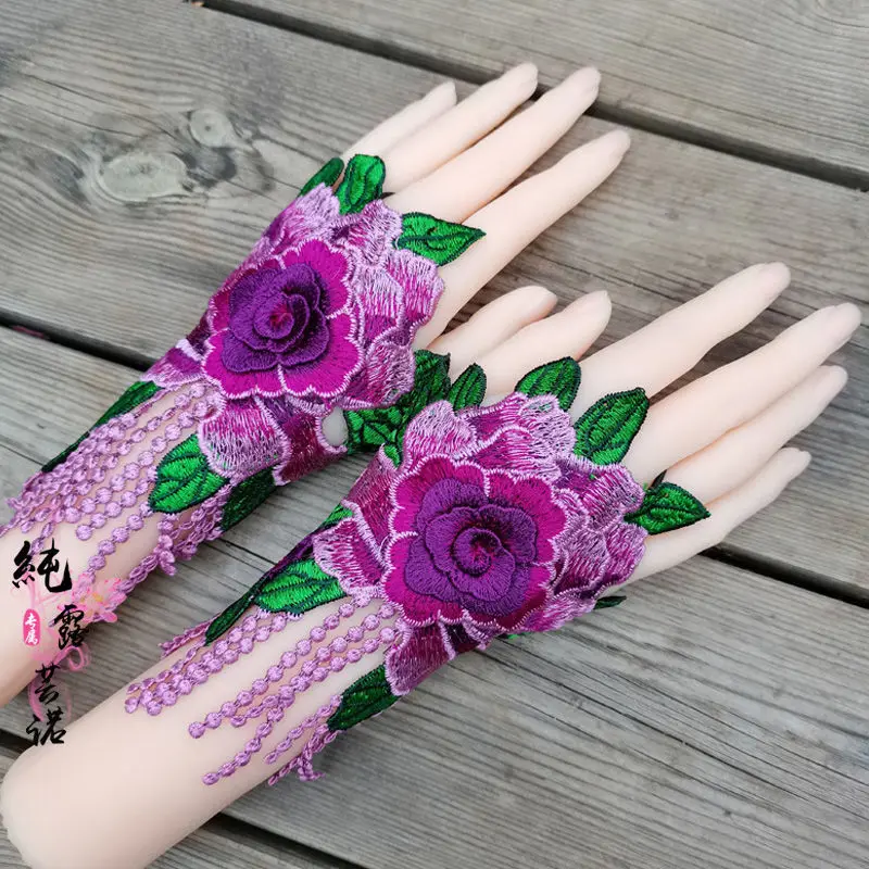 Guantes de pantalla táctil 3D para mujer, conjunto de anillo y pulsera Retro con flores, accesorios de vestir para fiesta en casa, decoraciones