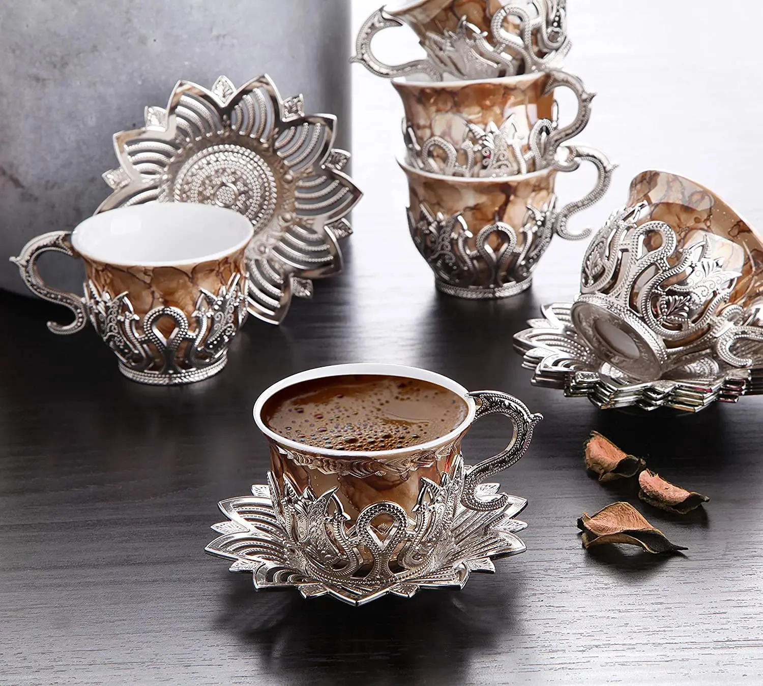 LaModaHome Espresso Coffee Cups with Saucers Set of 6, Porcelain Turkish Arabic Greek Coffee Cup and Silver Saucer, coffee Cup f