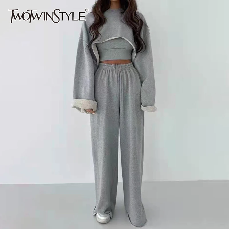 

TWOTWINSTYLE White Three Piece Set For Women O Neck Long Sleeve Tops Sleeveless Vest Wide Leg Pants Female Casual Sets 2022 New