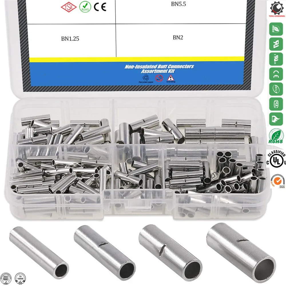 Non-Insulated Butt Connectors,Gauge Seamless Uninsulated Electrical Wire Ferrule Cable Crimp Terminal Kit for Electrical Splice