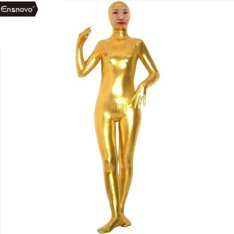 Ensnovo Vrouwen Spandex Full Body Open Gezicht Zentai Past Glanzend Metallic Bodysuit Custom Skin Pak Halloween Kostuum