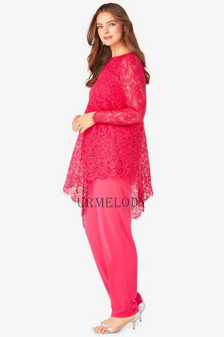 Asymmetric Fuchsia Lace Pant suits for Mother of the Bride Two Piece Outfit