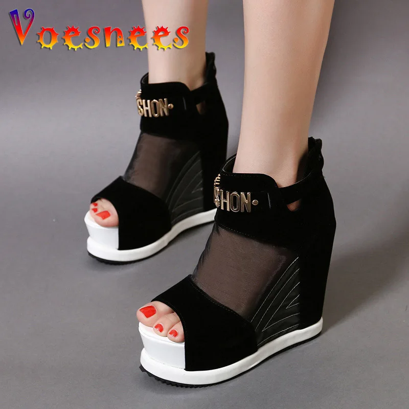 New Flock Ankl Boots Shoes Women Summer Sexy Hollow High Slope With The Fish Mouth Single Shoes Thick Bottom Wedges Short Boots