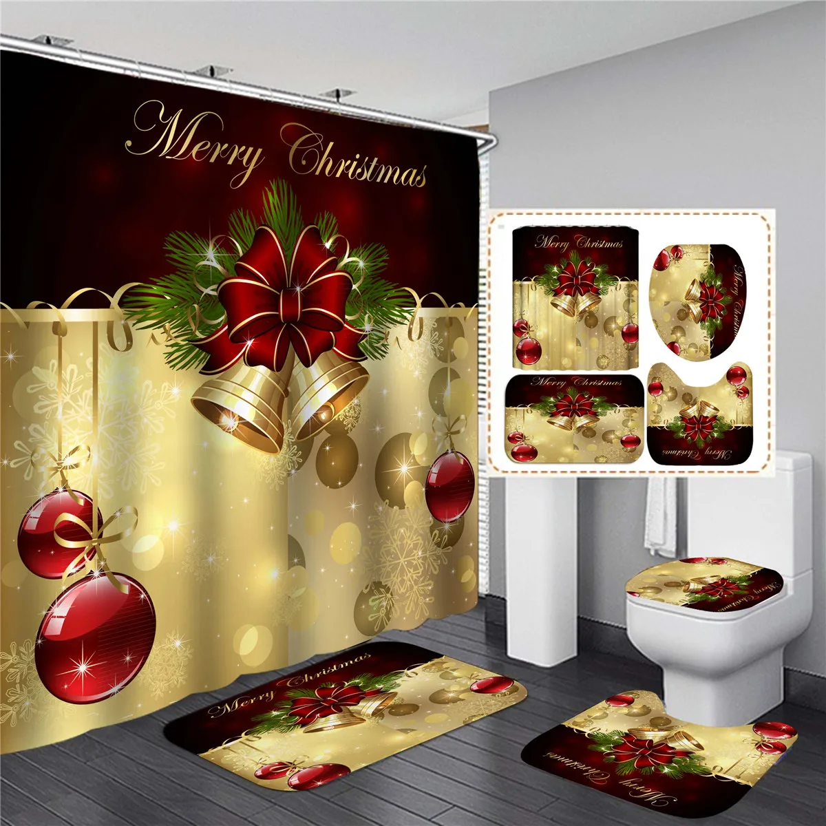 Cortina de chuveiro de natal feliz conjunto de banheiro de papai noel boneco de neve sino padrão cortinas de banho antiderrapante capa de vaso sanitário tapete de chão