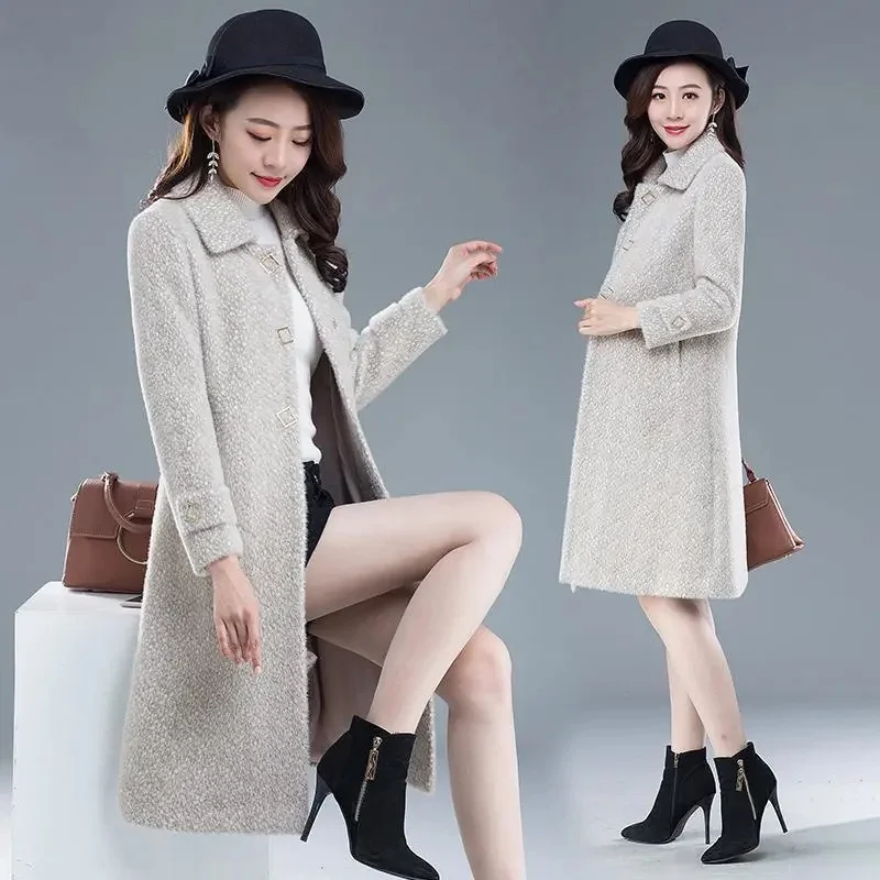 2025 Female New High-end Mid-length Popular Thin Woolen Jacket Winter Thickened Women Imitation Mink Velvet Slim Woolen CoatA895