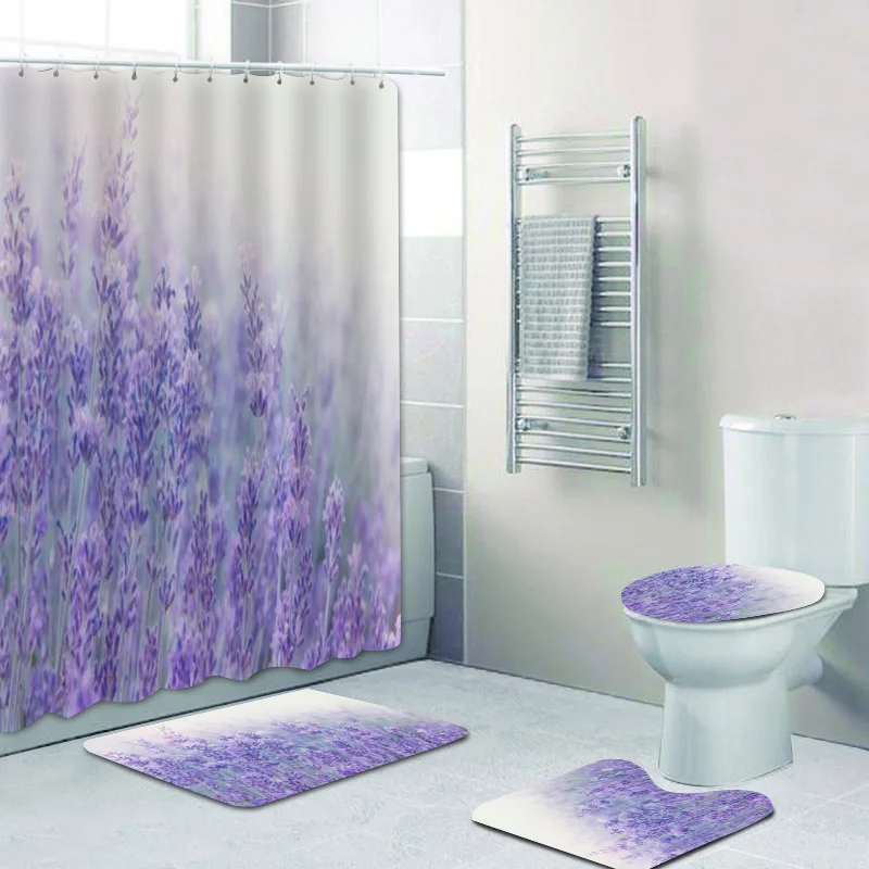 Elegant Violet Lavender Flowers Shower Curtain Set Chic Pastel French Lavender Floral Bathroom Curtain for Toilet Mat Rug Decor