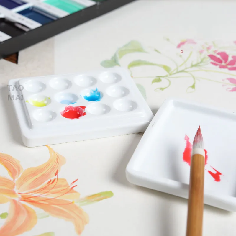 

Керамическая Мини-Палитра для увлажнения с крышкой, сетка с 12 отверстиями, палитра для акварельных красок, инструменты для рисования белого фарфора ручной работы