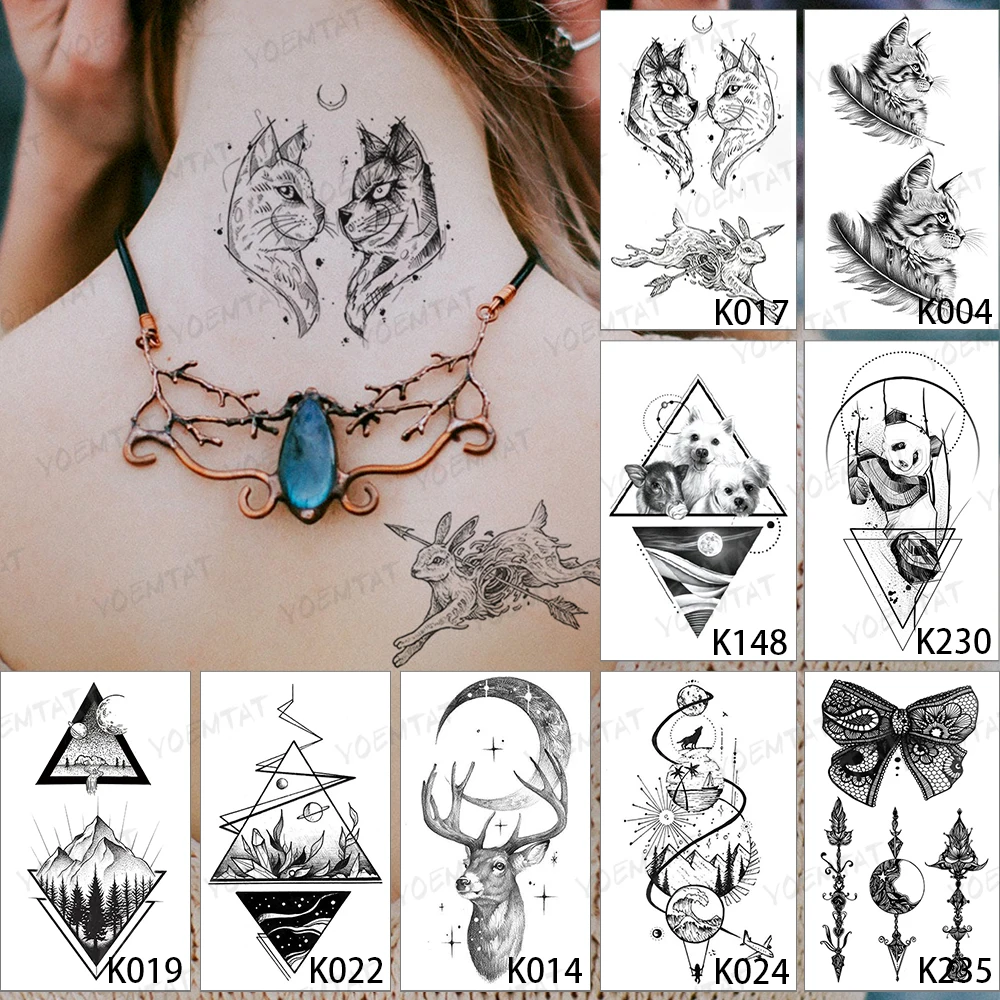 9pcs/Lot Waterproof Temporary Tattoo Sticker Cat Dog Panda Animal Feather Flash Tatoo Woman Rabbit Arrow Body Art Fake Tatto Man