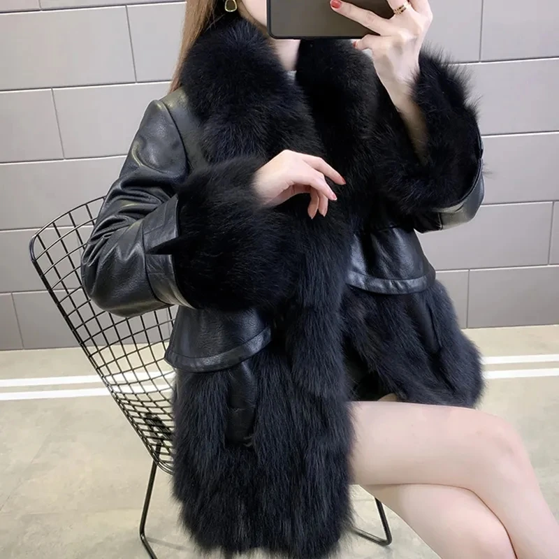 Women's PU Leather Jacket Autumn Winter Women's Faux Fur COat Fur Collar Long Leather Coat Female Outerwear 2024 New