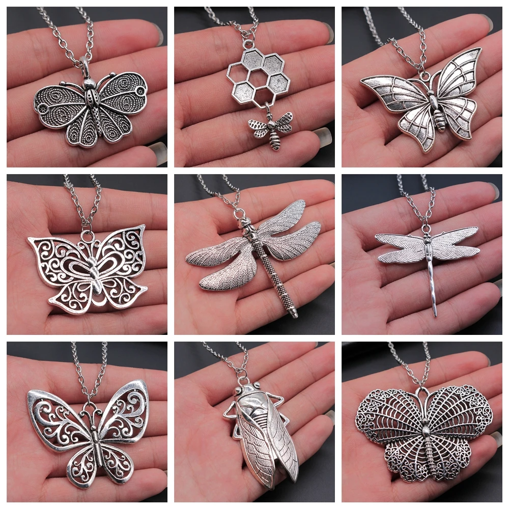 New Fashion Antique Silver Color Flying Animal Insect Necklace Butterfly Dragonfly Bee Cicada Pendant Necklace Gift For Women