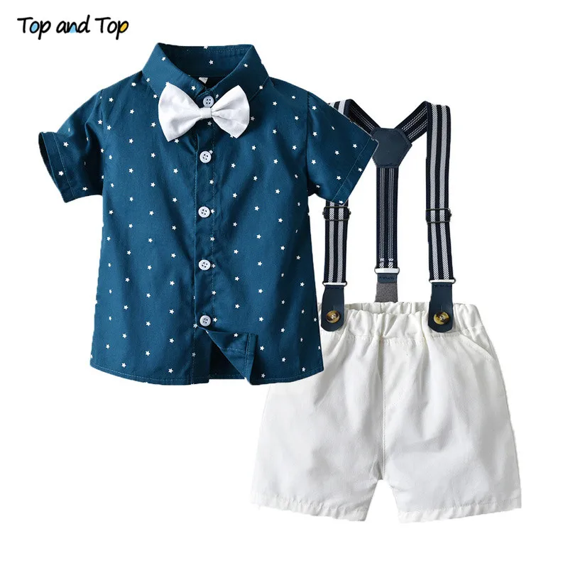 Top and Top Little Boys Gentleman Clothing Set 2020 Fashion Kids Boys Casual Short Sleeve Bow Tie Shirt+Overalls Formal Suits