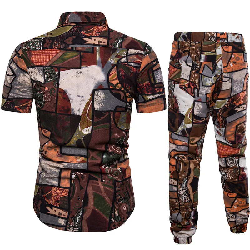 

Shirts + Trousers Two-piece Suite Men's Sets Ethnic Costumes Short sleeve Summer Fashion mens clothing Casual Male Printing 5XL