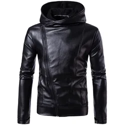 Coldker-Jaqueta de couro falso PU para homens, jaqueta motociclista, jaqueta masculina motocicleta, capuz de couro, preto, M-4XL