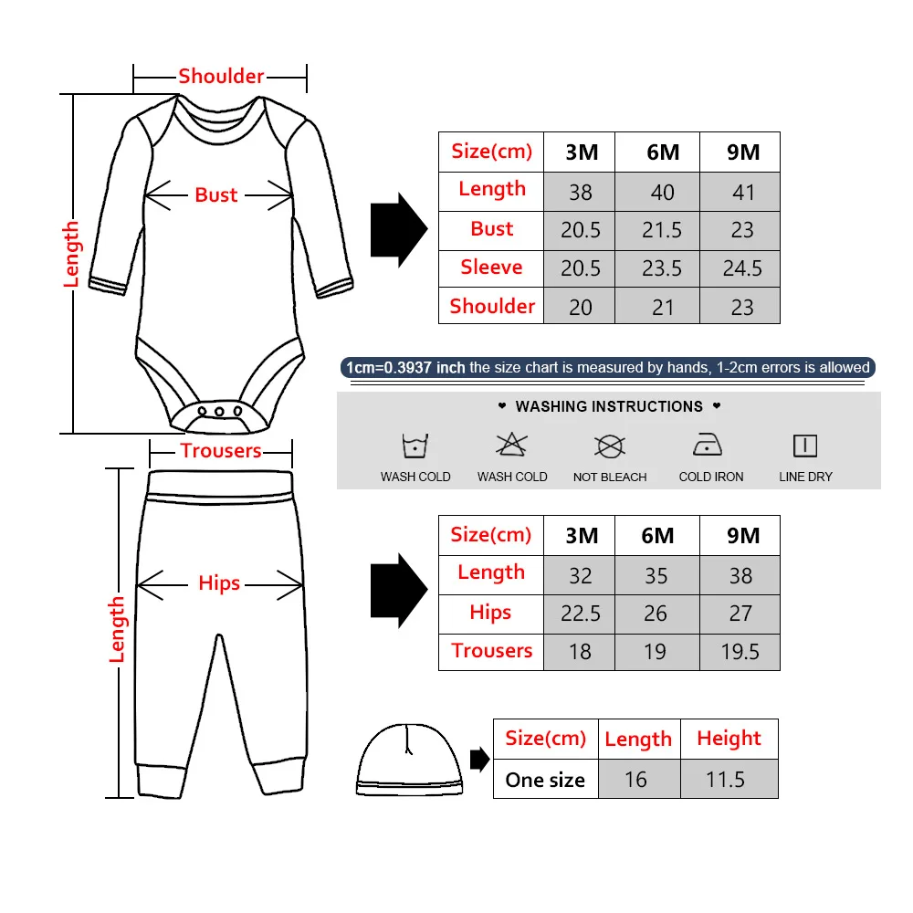 Newborn Boy Girl Clothes 3Pcs Sets Baby Romper+Hats+Pants Fashion Jumpsuits Caps Trousers Set 3-9Months