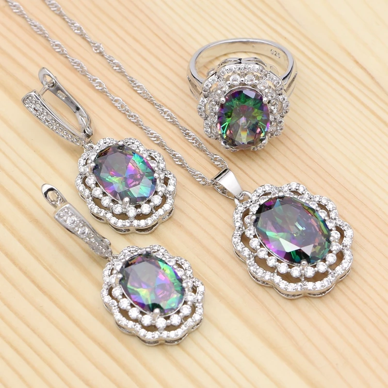 925 Silver Bridal Jewelry Sets For Women Rainbow Cubic Zirconia White Crystal Pendant Necklace Ring Earrings Silver Set