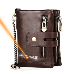 Cartera corta de piel de vaca auténtica para hombre y mujer, monedero Unisex con grabado de nombre, bolsillo para tarjeta de identificación, con cremallera, a la moda, 2020