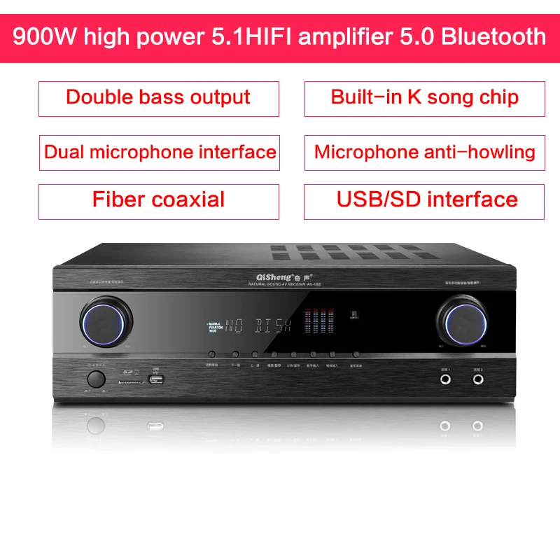 

900W High Power 5.1 Power Amplifier Chassis AV-188 Bluetooth 5.0 Subwoofer Hifi Home Theater High-end Amplifier USB/SD Playback