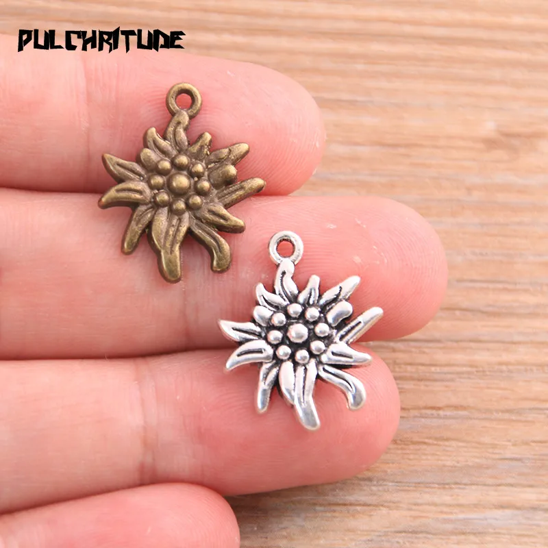 PULCHRITUDE 20pcs 17*21mm Metal Alloy Two Color Fresh Flowers Charms Small Plant Pendants For Jewelry Making DIY Handmade Craft