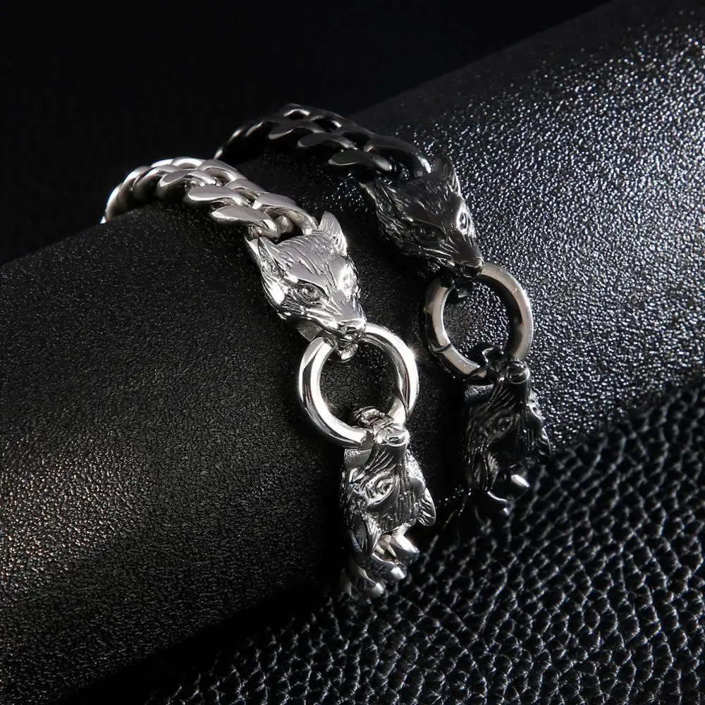 11mm Stainless Steel Wolf Head Clasp Bracelet Jewelry Franco Cuban Link Chain Cool Men's Charms Bracelets Bangles Gift