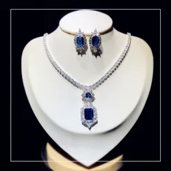 Fine Jewelry Sets For Women S925 Sterling Temperament Created Blue Gemstone Earrings Necklace Set Bridal Wedding Accessories