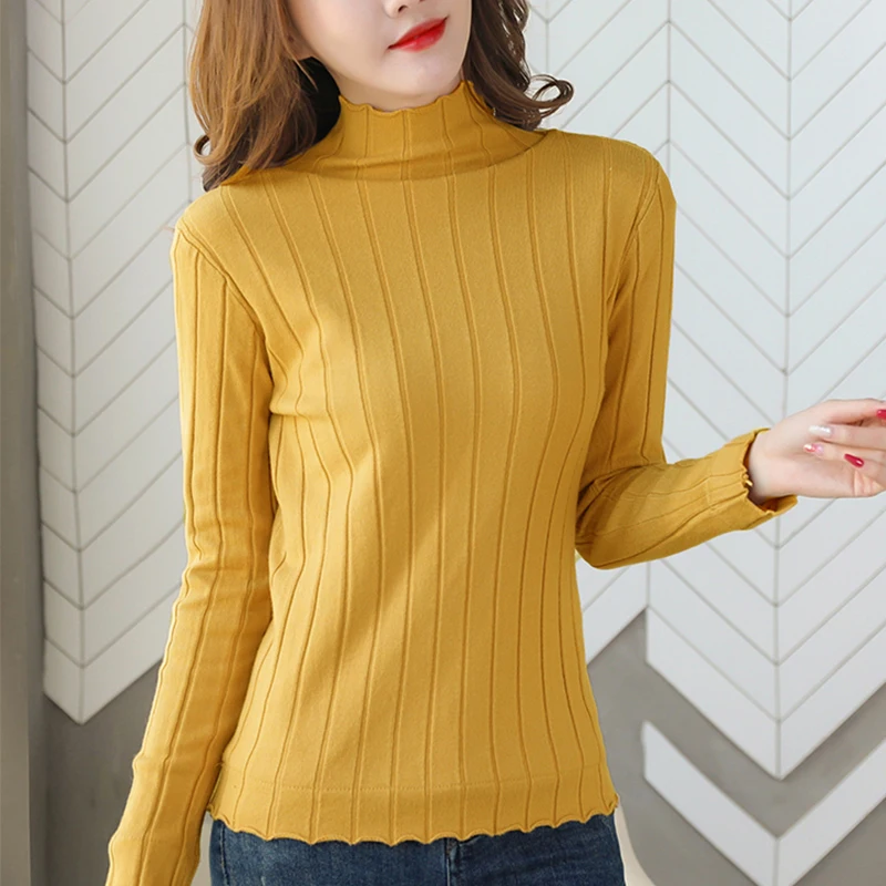 

TuangBiang Mock Neck Ribbed Wool Pullovers 2021 Slim Sweaters Women Elastic Stretched Jumpers Autumn Casual Yellow Knitted Tops