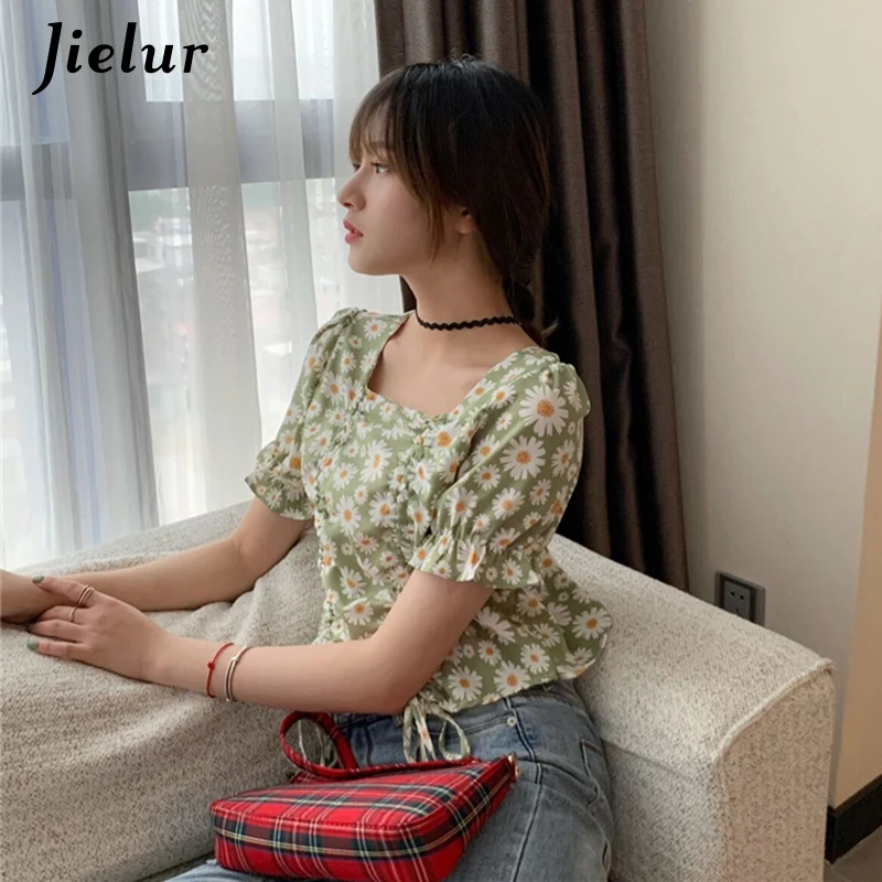 Jielur Hàn Quốc Retro Hoa Cúc In Hình Tay Ngắn Nữ Dây Rút Cổ Vuông Áo Xanh Đen Nữ Áo hàng Đầu