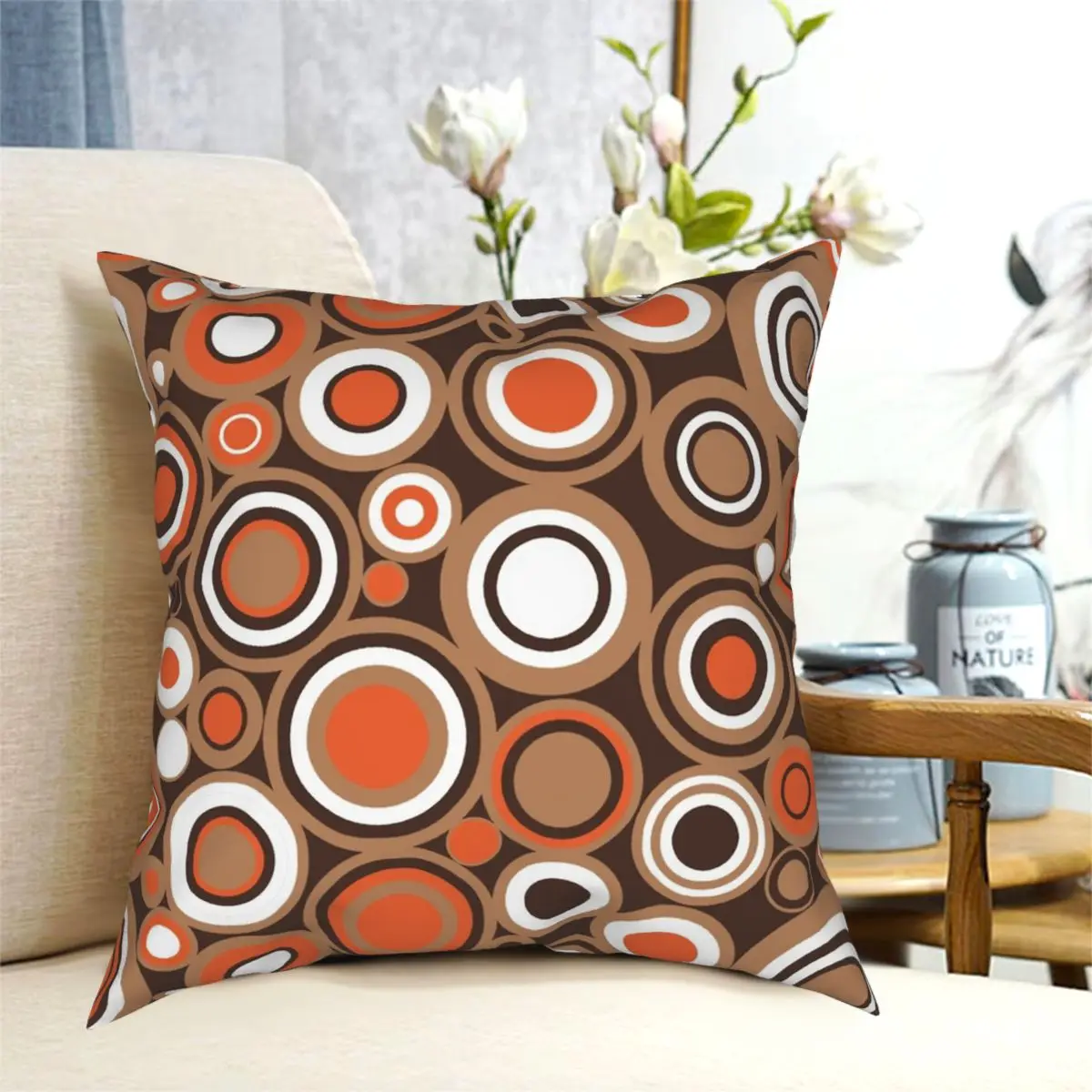 Orange White And Brown Circle Square Pillowcase Polyester Creative Zip Decorative Throw Pillow Case Bed Cushion Case