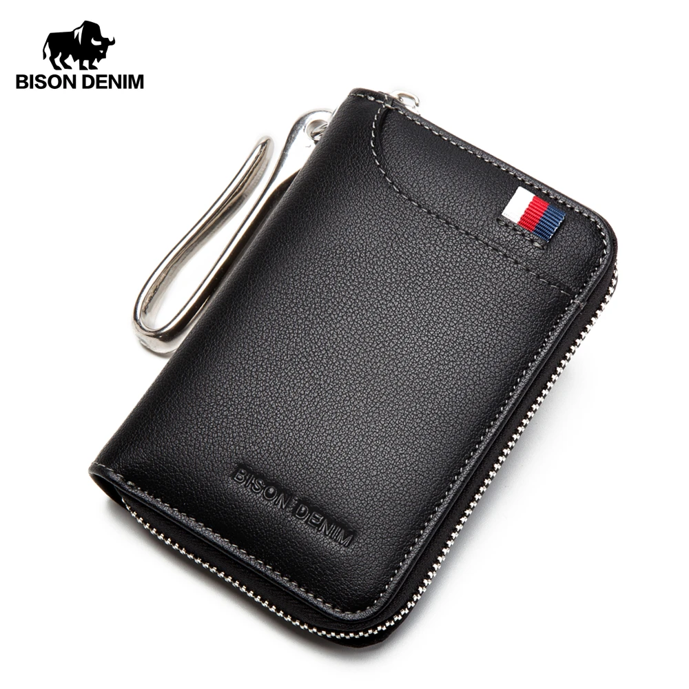 BISON DENIM Genuine Leather Key Wallet Male Card Keychain Cover Zipper Card Holder Wallet Key Organizer Large Capacity N9462