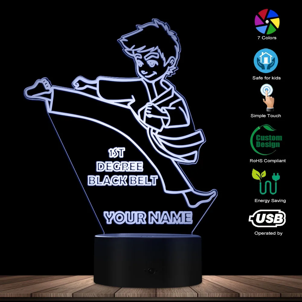 Boys Karate Night Light Celebrate 1ST Degree BLACK BELT Personalized Name LED Optical illusion Night Lamp Engraved Fighter Gift