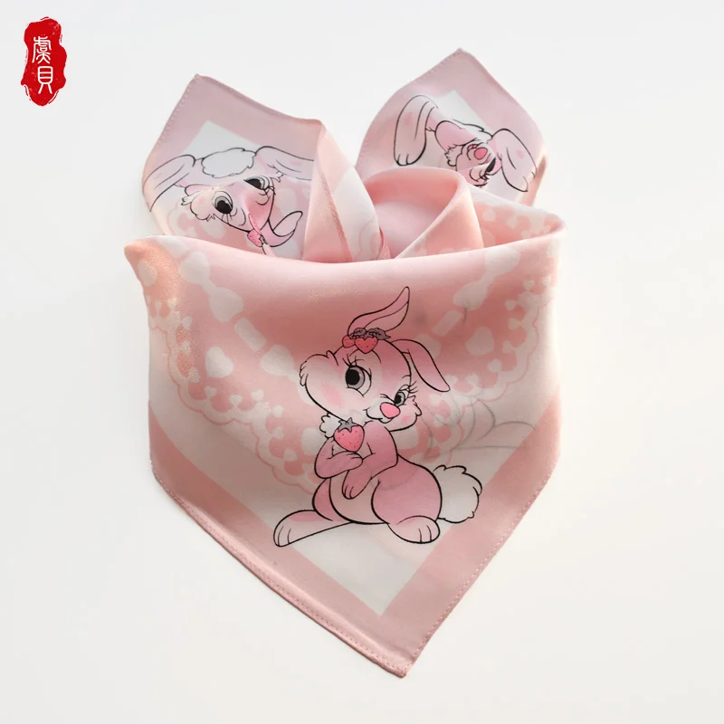 

Cute cartoon rabbit fashion women 100% real silk scarves children 50cm small square headband wrap adorable gift for baby kids